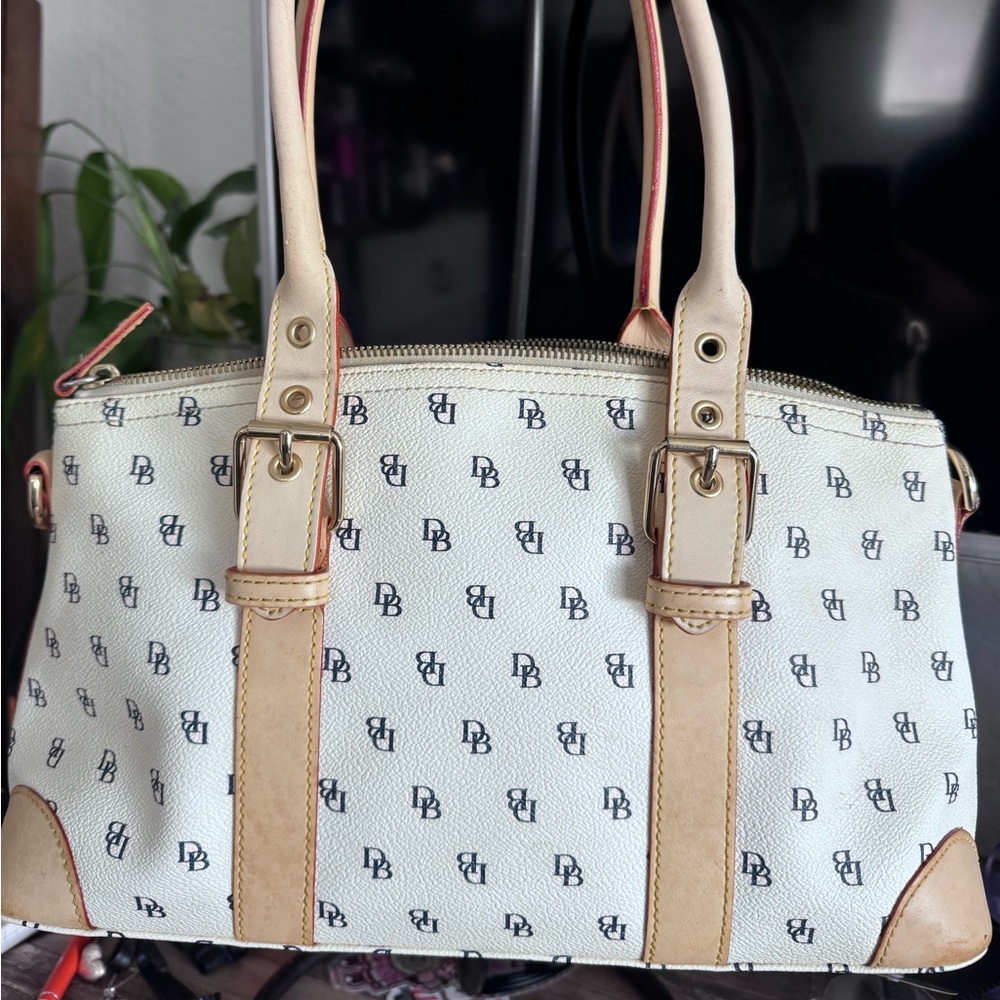 Dooney & Bourke Monogrammed White and Tan Satchel